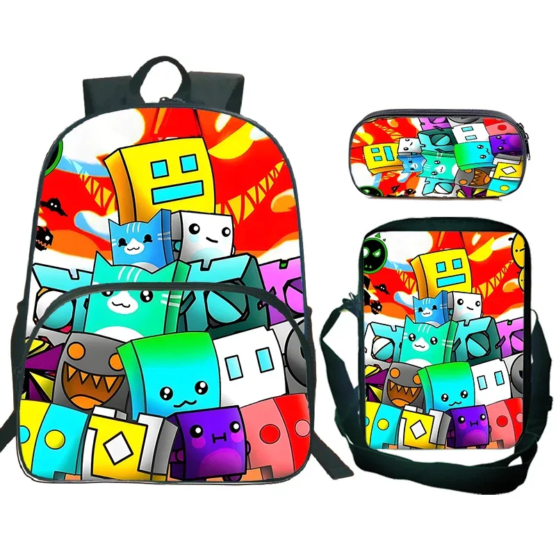 ensemble de 3 sacs à dos cartoon geometry dash pour garçons et filles, sac d'école de grande capacité, sac de voyage, sac à bandoulière pour enfants, sac à crayons