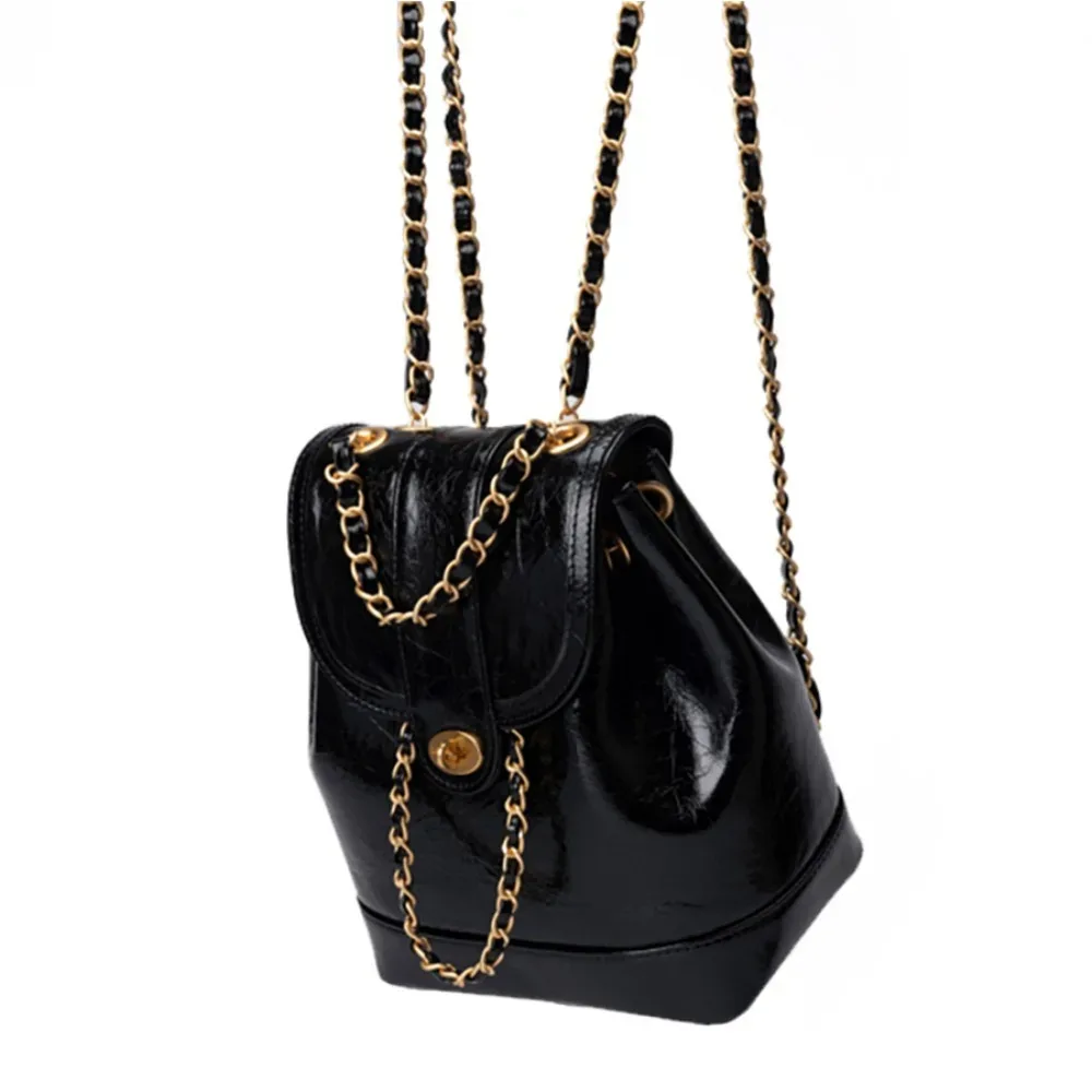 mini sac à bandoulière en cuir ciré à l'huile avec chaînes pour femmes, sac à dos noir, sac à dos étudiant, voyage, corée, automne, hiver, sr 600, po pack