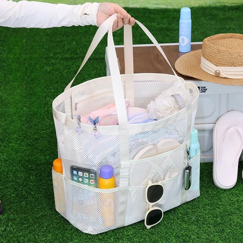 sac de plage en maille respirante avec plusieurs poches de rangement, grand format, séchage rapide, imperméable, sac à bandoulière pour les sports d'été en plein air