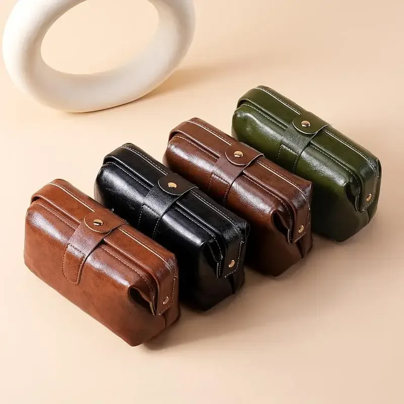porte-monnaie à boutons de couleur unie pour filles, sac à cosmétiques en cuir pu vintage à la mode pour femmes, trousse de maquillage de grande capacité, étanche, 1 pièce