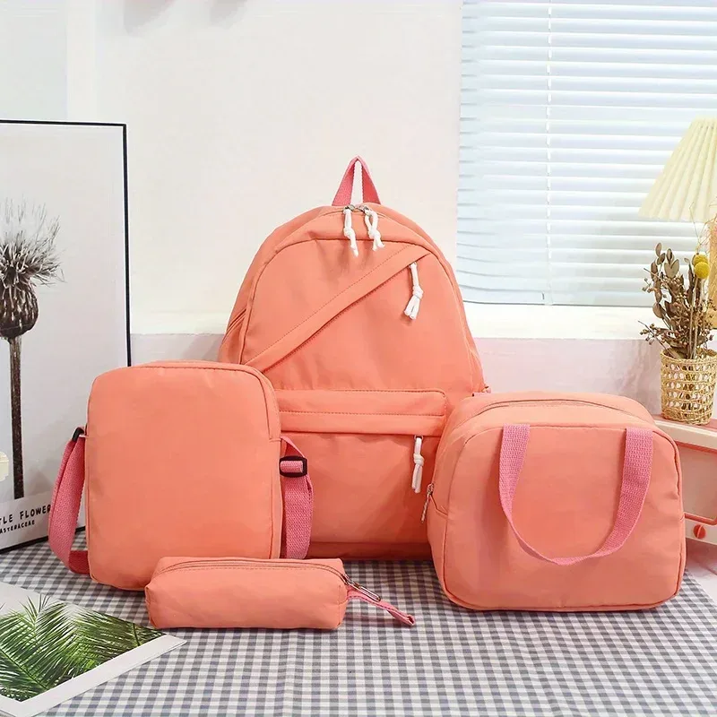 mode décontractée 4 pièces ensemble retour à l'école grande capacité en nylon couleur unie sac à dos & sac à main et trousse à crayons sac à dos pour l'école