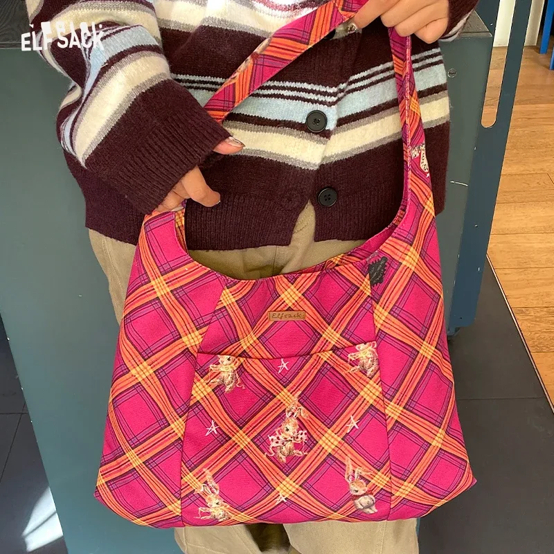 ELFSACK 2025 hiver nouveautés décontracté Y2K dessin animé lapin couleur bloc Plaid sac fourre-tout pour femme