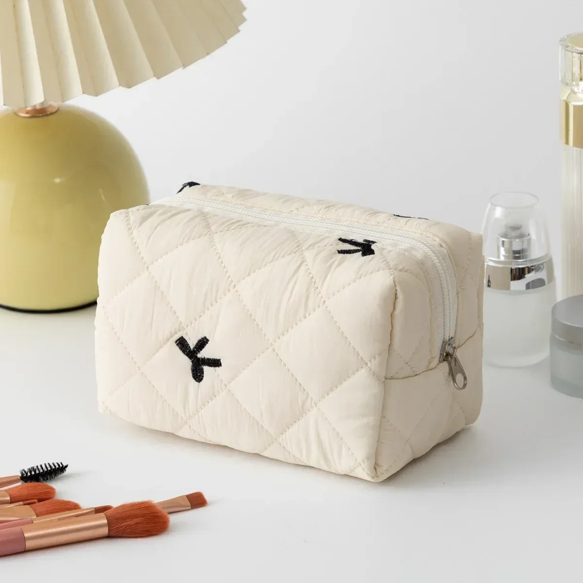 trousse de maquillage brodée, organisateur de cosmétiques de voyage de grande capacité pour femmes, rangement de toilette design avec nœud
