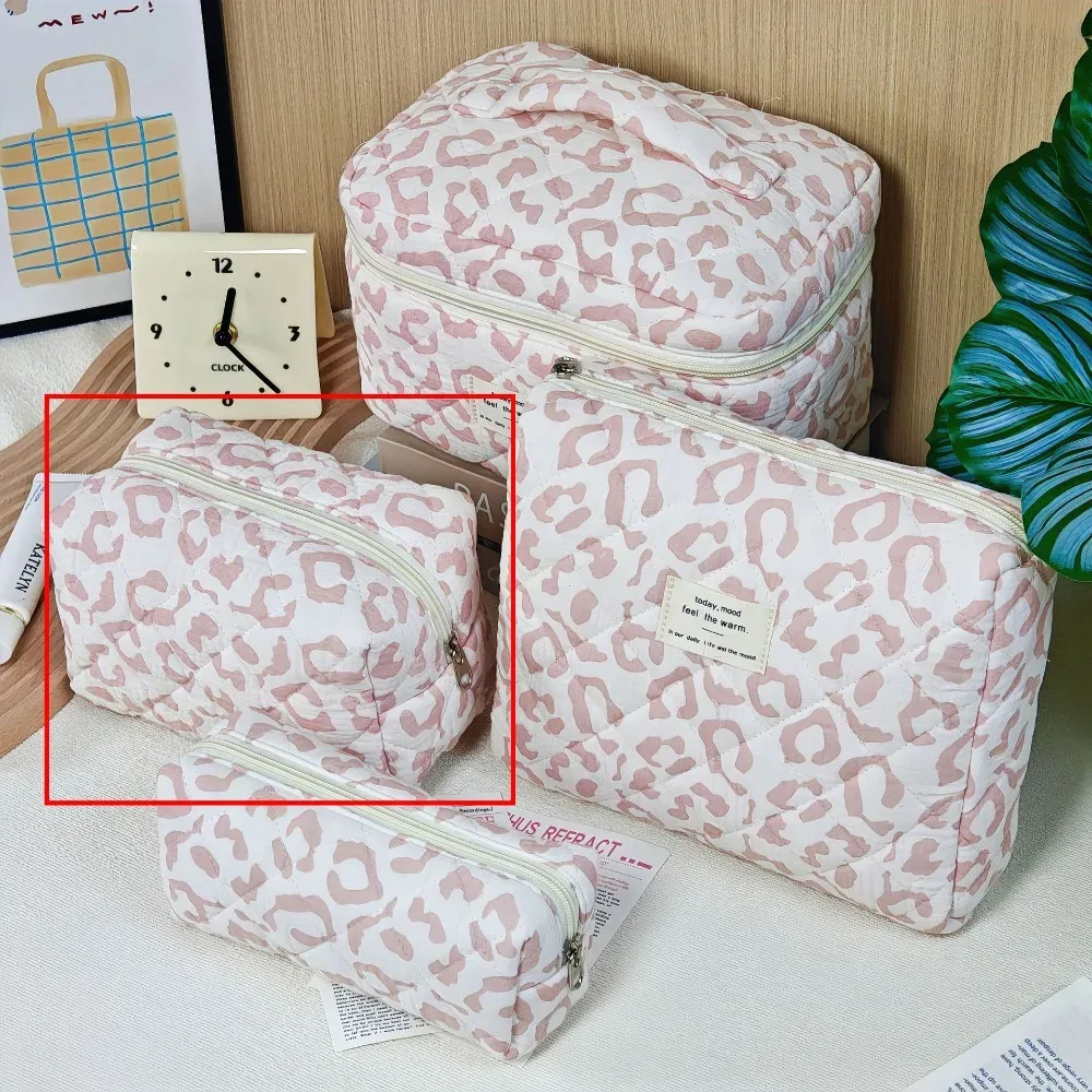 trousse de maquillage matelassée en coton grande capacité avec fermeture éclair, organisateur cosmétique imprimé léopard, sac de toilette portable
