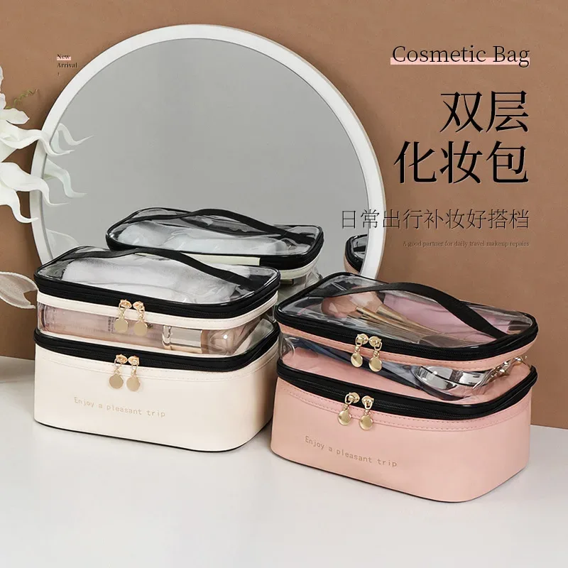 nouveau sac de maquillage double couche en pvc, trousse de toilette à main de grande capacité, sacs de toilette de voyage portables multifonctionnels en vente
