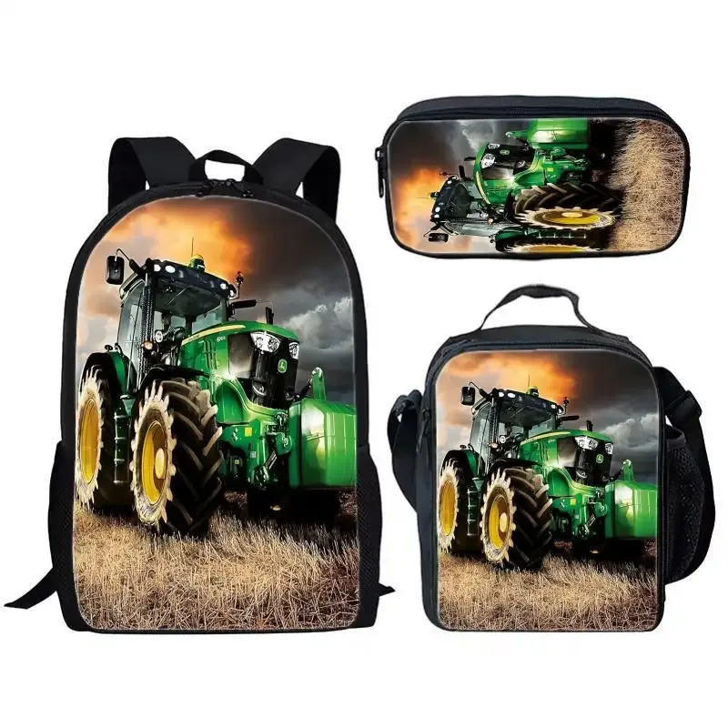sac à dos tendance et populaire pour étudiants, motif simulateur d'agriculture avec tracteur imprimé en 3d, lot de 3 pièces : sac à dos pour ordinateur portable, sac à déjeuner et trousse à crayons