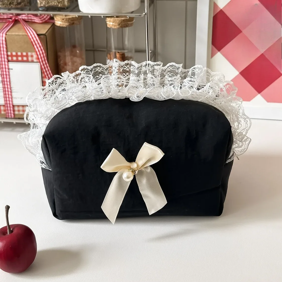 trousse de maquillage femme noire en dentelle avec nœud, grande capacité, sac de voyage cosmétique portable et mignon pour femmes