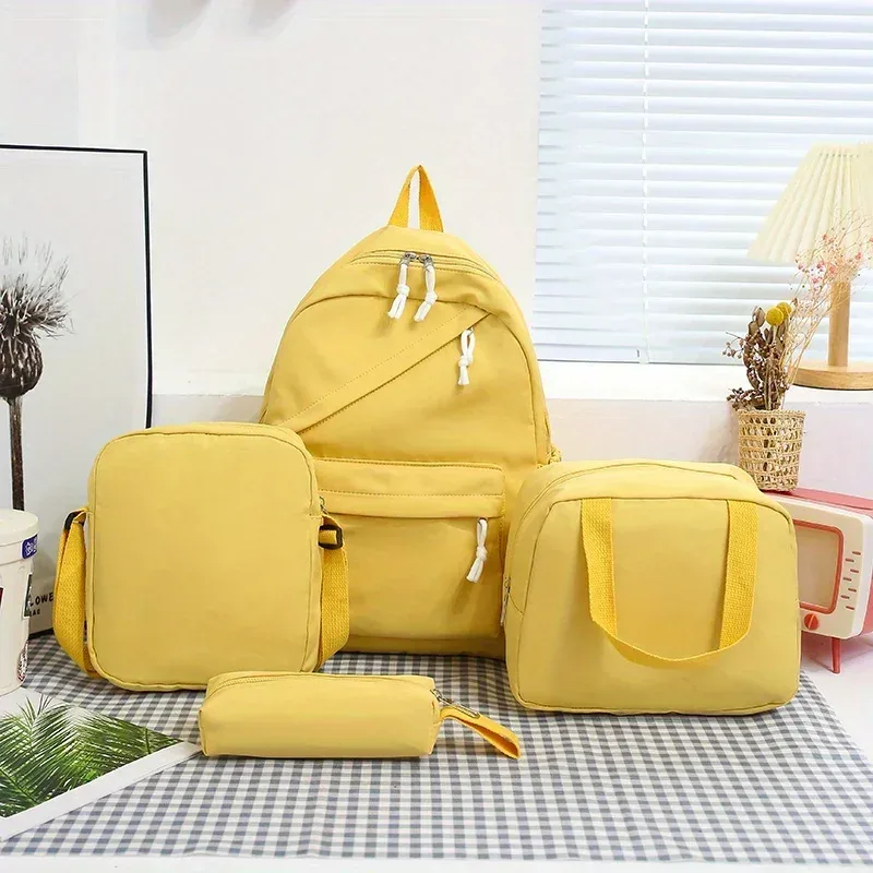 mode décontractée 4 pièces ensemble retour à l'école grande capacité en nylon couleur unie sac à dos & sac à main et trousse à crayons sac à dos pour l'école