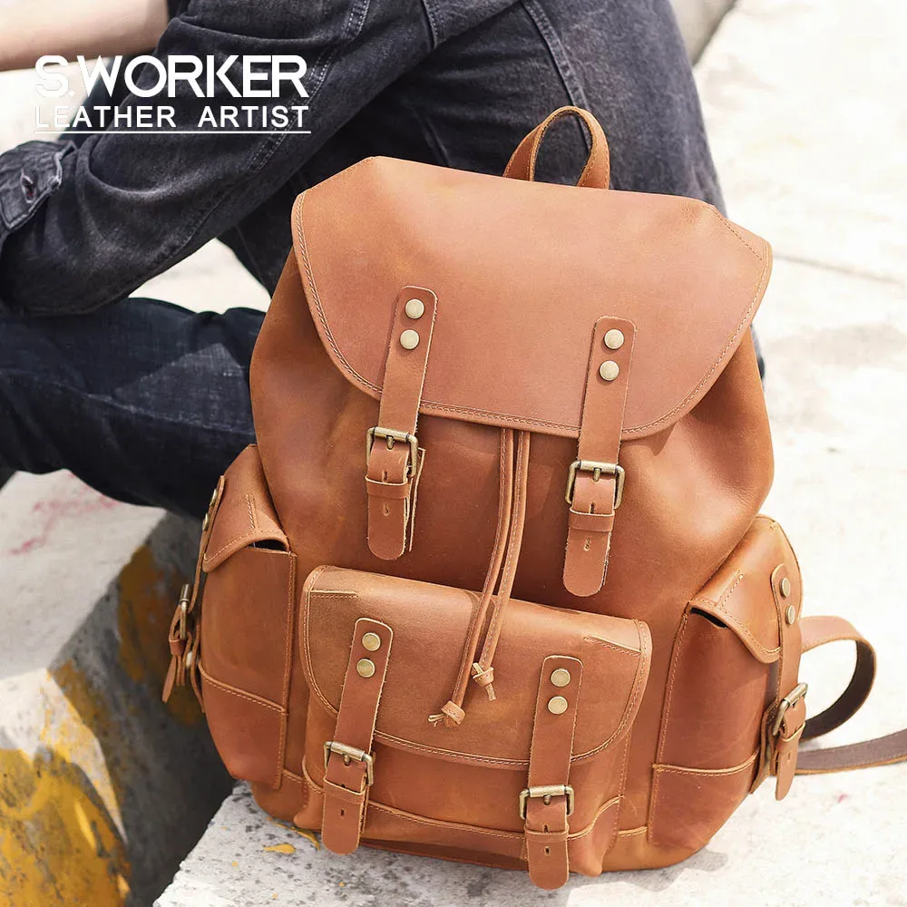 Sac à dos vintage en cuir véritable S.WORKER, sac pour ordinateur portable, sac d'école décontracté en cuir Crazy-horse, sac de voyage pour le week-end