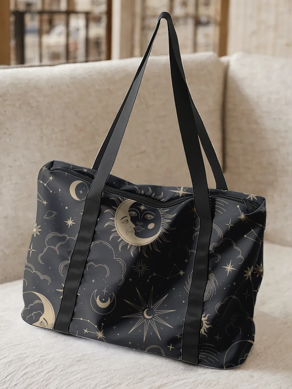 grand sac fourre-tout imprimé soleil, lune et étoiles, sac à main à bandoulière, sac de rangement à larges sangles pour les voyages, la plage, le shopping, la salle de sport et les trajets quotidiens