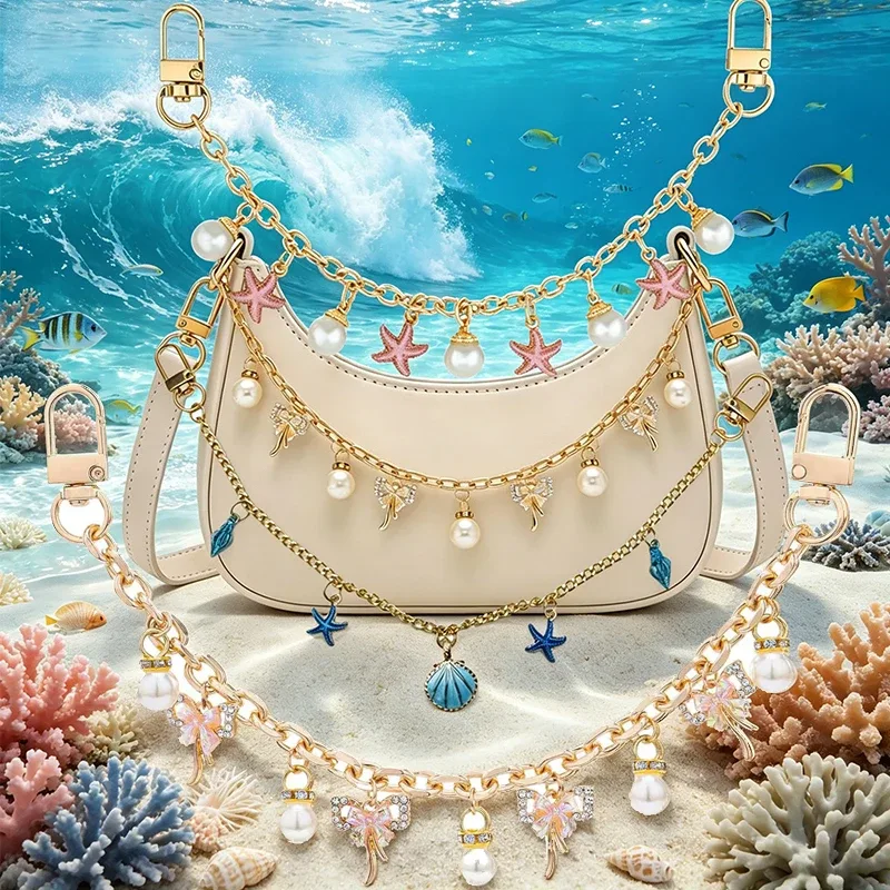 Chaîne de sac à main tendance avec pendentif champignon doré et perle pour sacs fourre-tout, sacs à bandoulière et sacs à main pour femmes