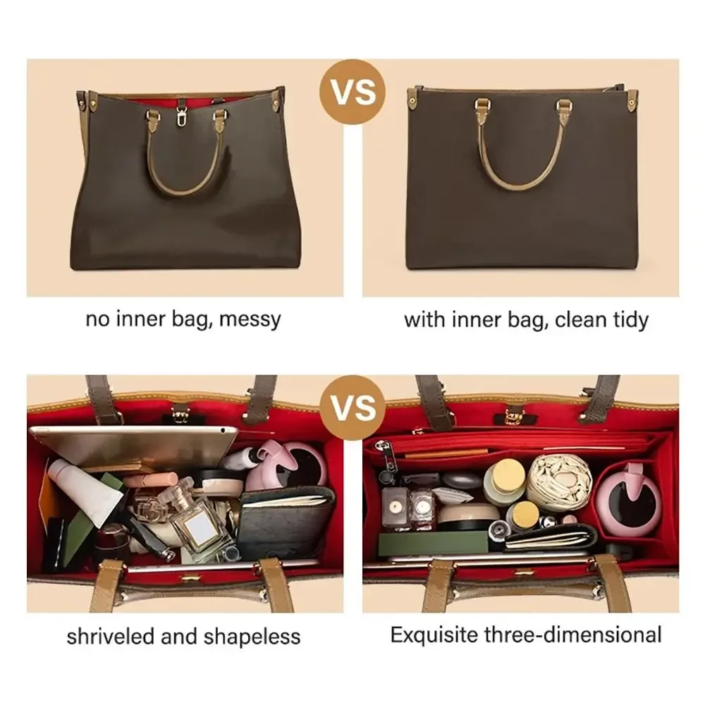 sac fourre-tout interne pour lv onthego, sac à main en feutre, doublure d'insertion, organisateur de sac à main, poudres