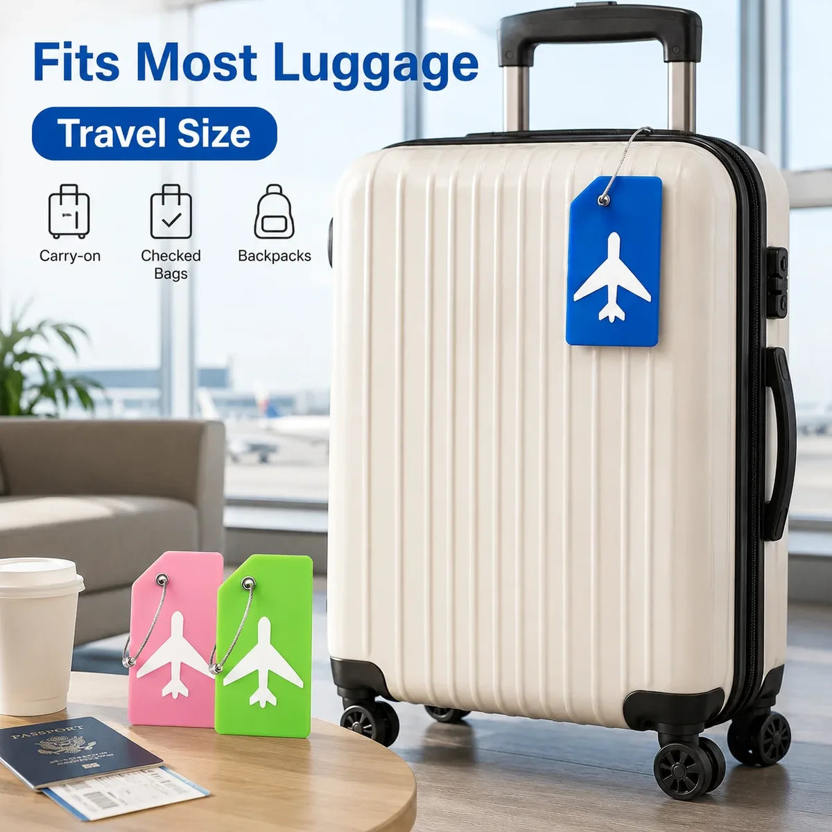 2/5 étiquettes de bagage en silicone, motif avion, identificateur de valise, couleurs vives avec boucle en fil d'acier, porte-nom, usage quotidien