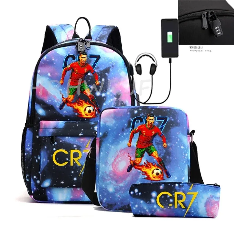 sacs à dos sport décontractés cr7, lot de 3, légers et simples, grande capacité, pour adolescents, ordinateurs portables, école, femmes, hommes, voyage, usb, anti-vol, mochilas