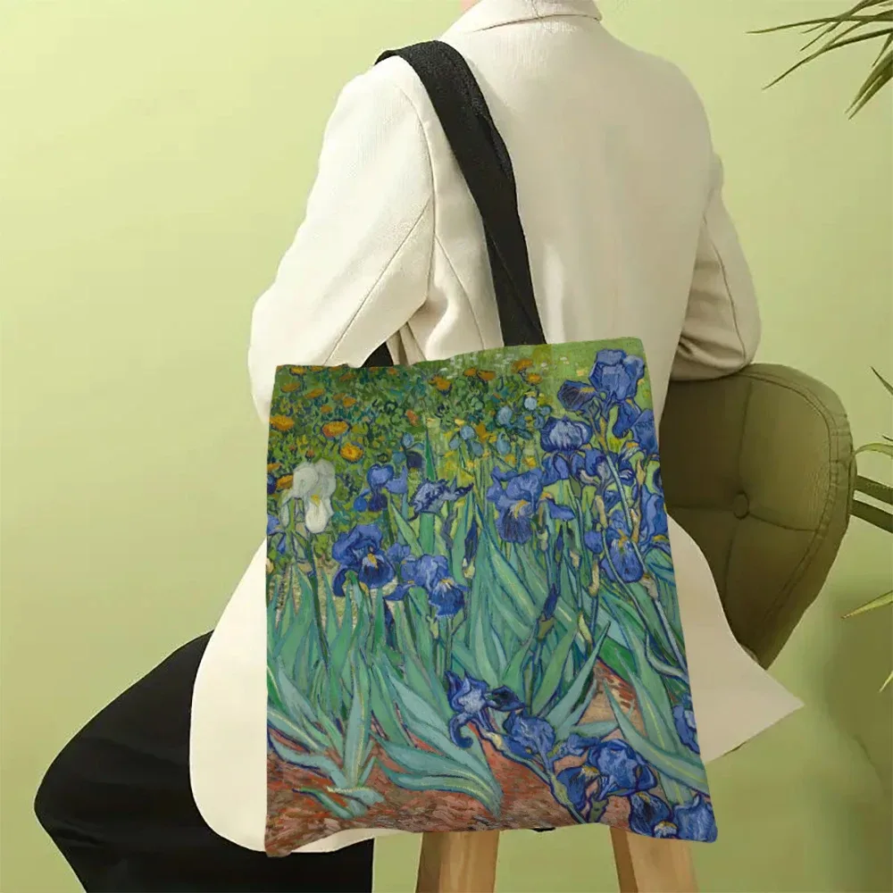 sac en toile imprimé la série van gogh, sac à bandoulière léger, sac de shopping polyvalent, sac à main de support