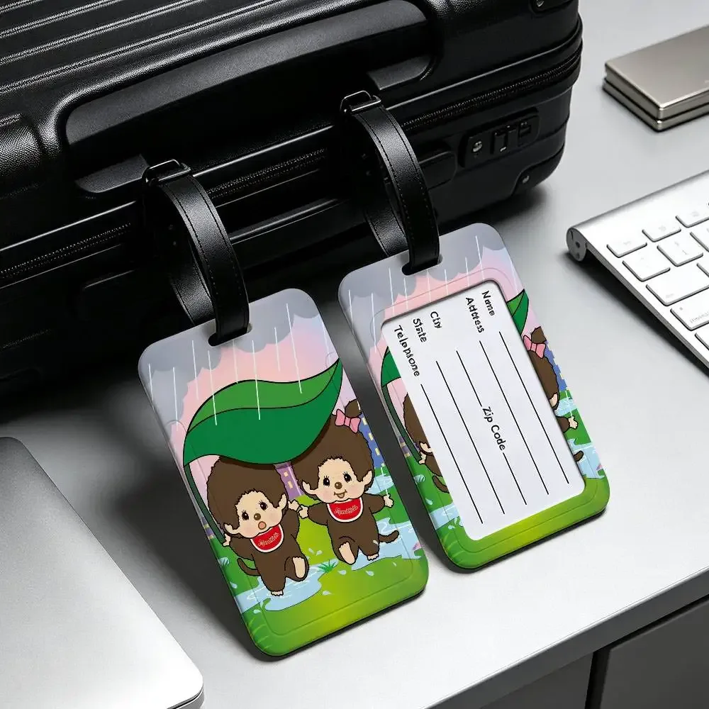 étiquette de bagage en pvc imperméable monchhichis avec carte d'information, étiquette d'identification anti-perte pour bagages et sacs d'école
