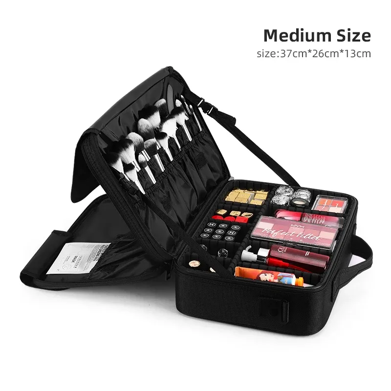 trousse de maquillage professionnelle en cuir imperméable, trousse de maquillage, trousse d'artiste de maquillage, trousse de train, trousse à cosmétiques de voyage, évaluation des pinceaux, matériau