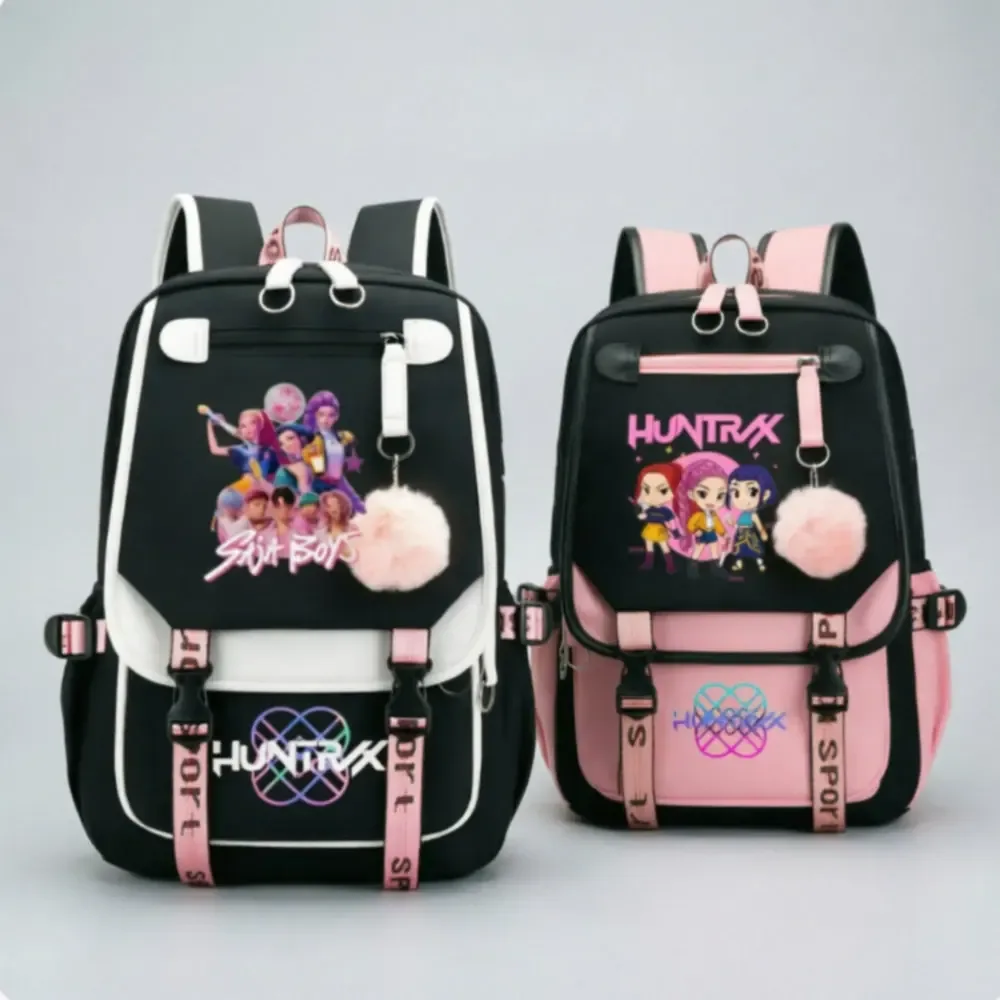 Sac à dos KPop Demon Hunters, noir et rose, grande capacité, pour le quotidien, les voyages en plein air, rangement pratique, cadeaux de vacances