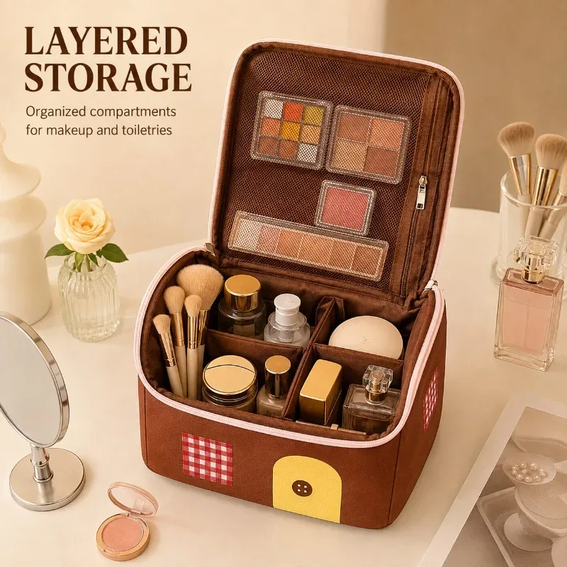 grande trousse de maquillage à grande capacité, design mignon en forme de maison, organisateur de maquillage portable avec séparateurs amovibles, étui de voyage résistant à l'eau.