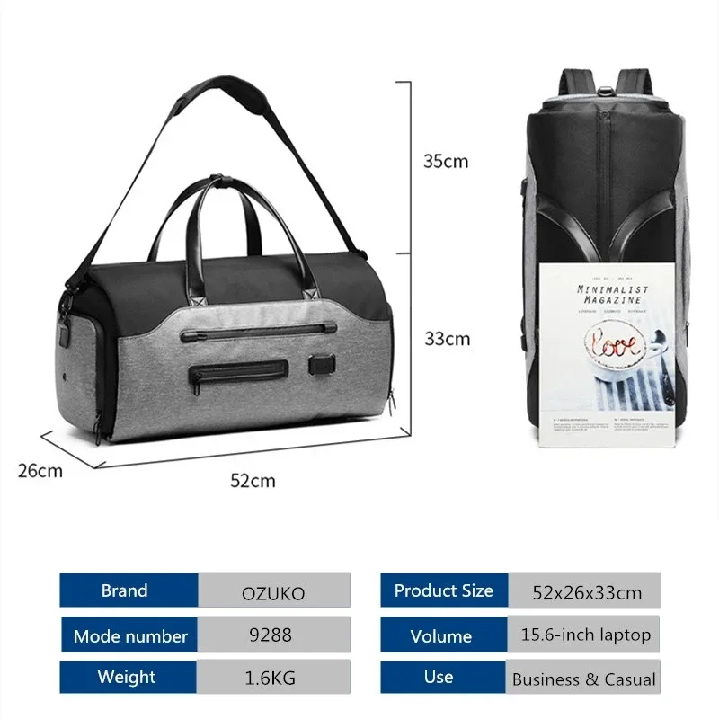 sac à vêtements ozuko multifonctionnel pour hommes, sac de rangement pour costumes, grande capacité, sac de voyage imperméable, sac à main pour hommes, poche pour chaussures.