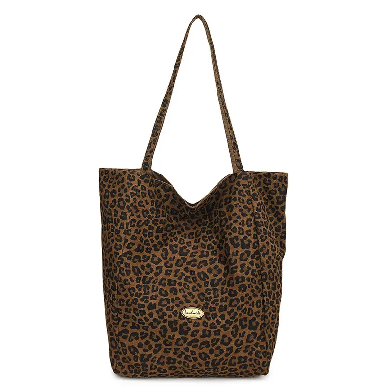 sac fourre-tout grande capacité en toile double face imprimé léopard pour femme, style décontracté universitaire, sac à bandoulière, sac de ville pour trajets quotidiens