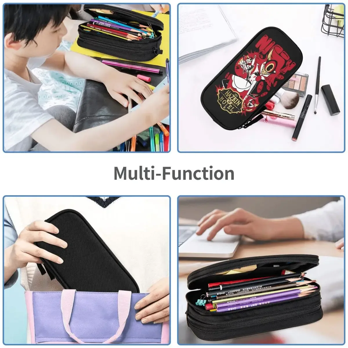 hazbins hôtel trousse à crayons école trousses à crayons double couche étudiants cool grande boîte à stylos fournitures scolaires