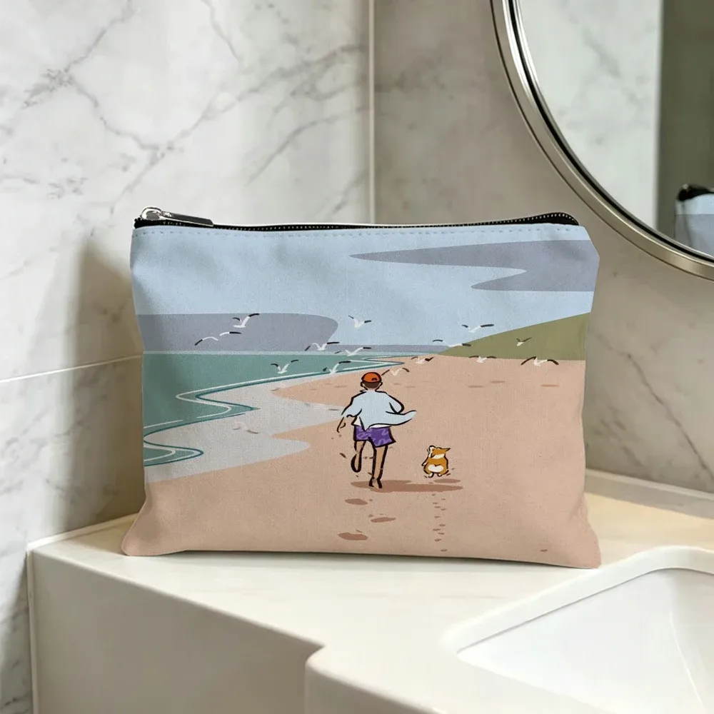 trousse de maquillage en toile sur le thème de la plage, pochette cosmétique de voyage avec fermeture éclair, organisateur de toilette portable pour femmes et filles.