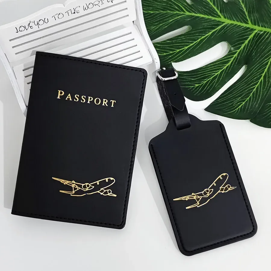couverture de passeport d'avion, étiquette de bagage avec nom, carte d'identité, portefeuille en cuir pu anti-perte, accessoires de voyage pour les amateurs de vol, 2 pièces/ensemble