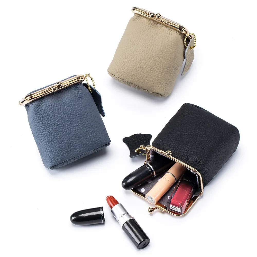 petit sac à cosmétiques en cuir véritable pour femmes, moraillon doré, pochette de maquillage mignonne, étui de rangement de rouge à lèvres, boîte à clés de voyage, mini porte-monnaie
