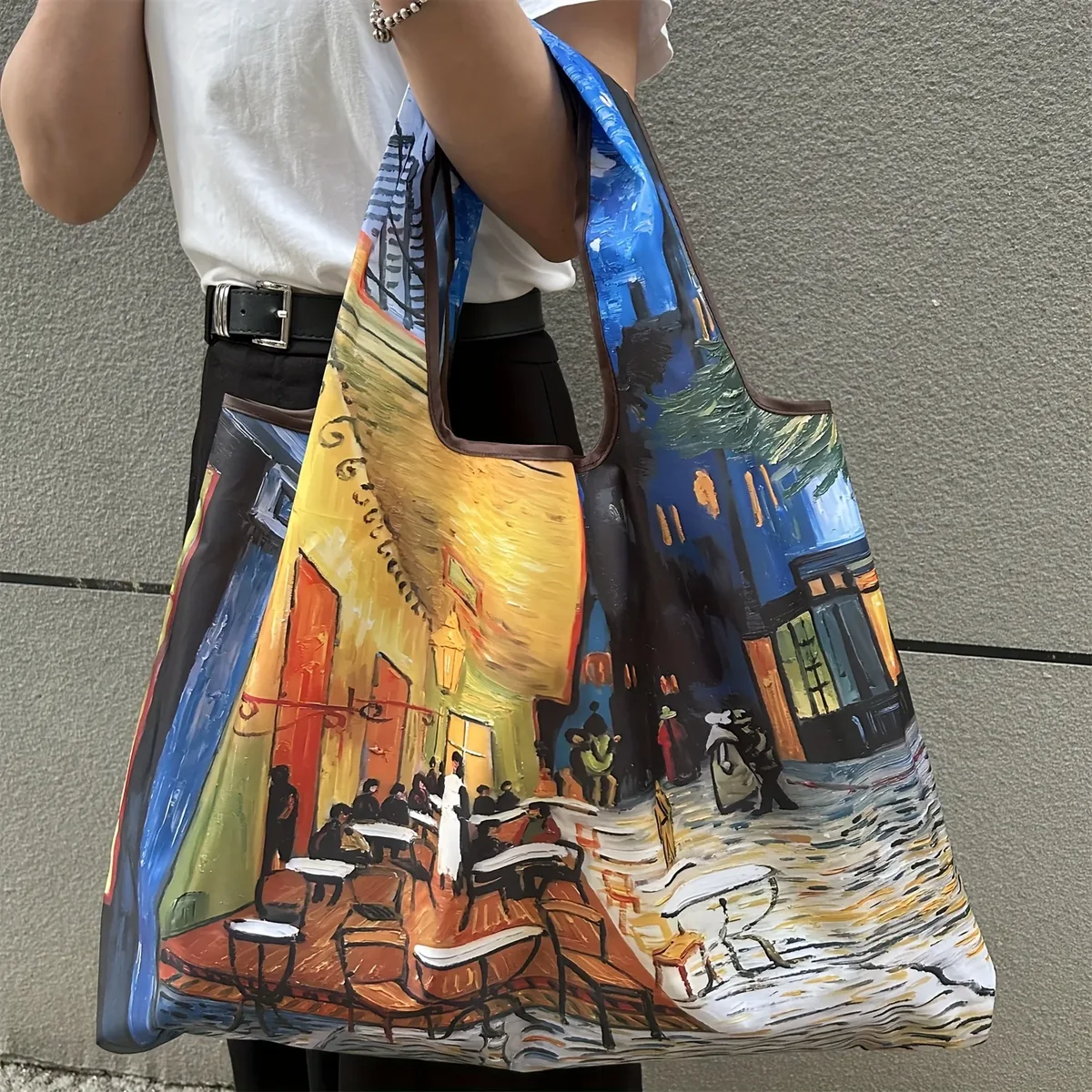 sac de shopping pliable, motif vintage van gogh café terrace, réutilisable, imperméable, grand sac fourre-tout