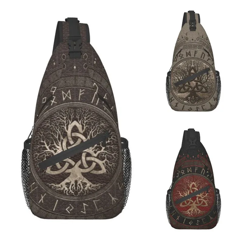 Sac à dos à bandoulière en cuir marron arbre de vie avec Triquetra pour hommes, Viking Norse Yggdrasil initié, sacs de poitrine pour la randonnée