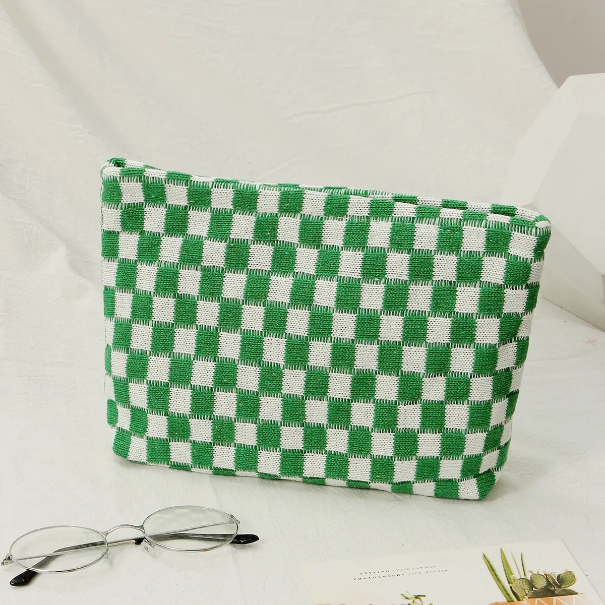 sac à cosmétiques en damier, sac de rangement de toilette tricoté, pochette de maquillage colorée, organisateur, sac à cosmétiques à motif à carreaux