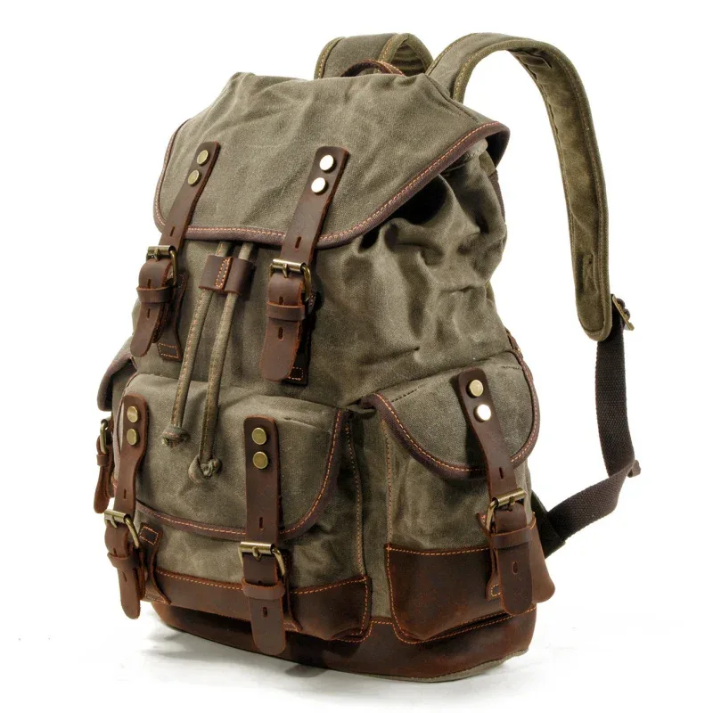 sac à bandoulière rétro décontracté pour étudiants, sac d'école de grande capacité, sac à dos de voyage en toile cousue en cuir, sac à dos de randonnée