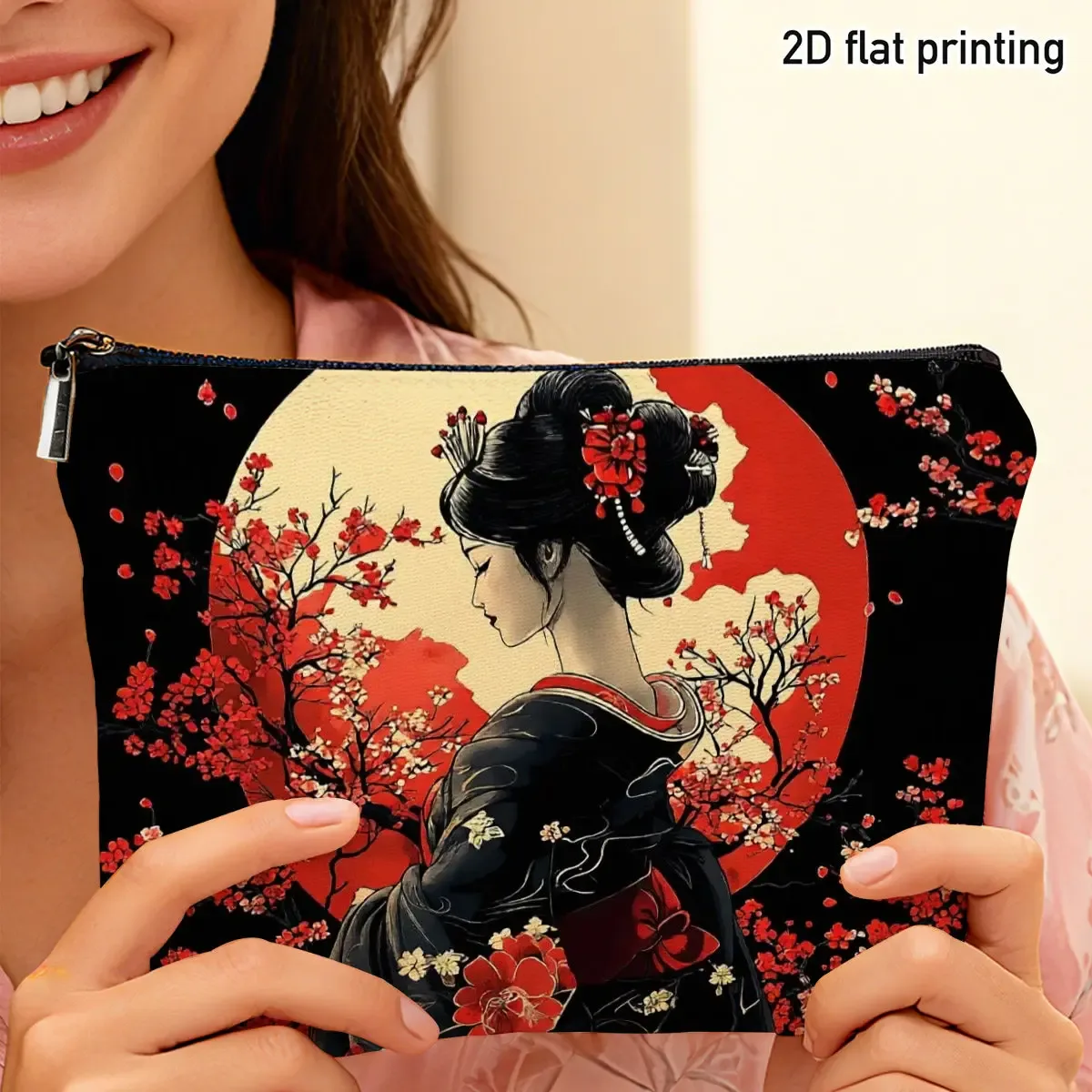 1 pièce Trousse de maquillage style japonais Geisha motif fleurs de cerisier, élégante, imprimé floral lune rouge, pour voyage, articles de toilette, rangement quotidien de produits de beauté, cadeau