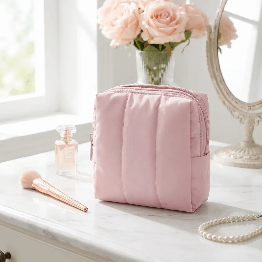 organisateur de cosmétiques imperméable, grande capacité, fermeture à glissière, sac à maquillage avec poche latérale, sac à maquillage matelassé portable pour femmes