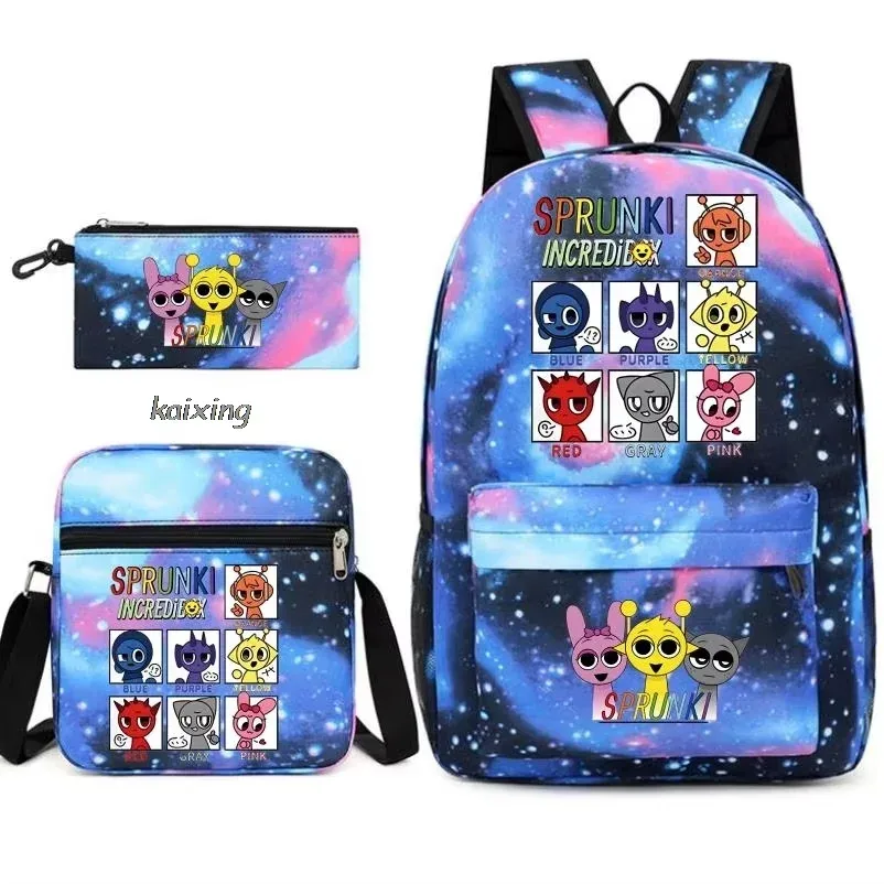 ensemble de 3 sacs à dos sprunki à imprimé anime, avec sac fourre-tout et pochette, grande capacité, léger et respirant, sac à dos décontracté tendance