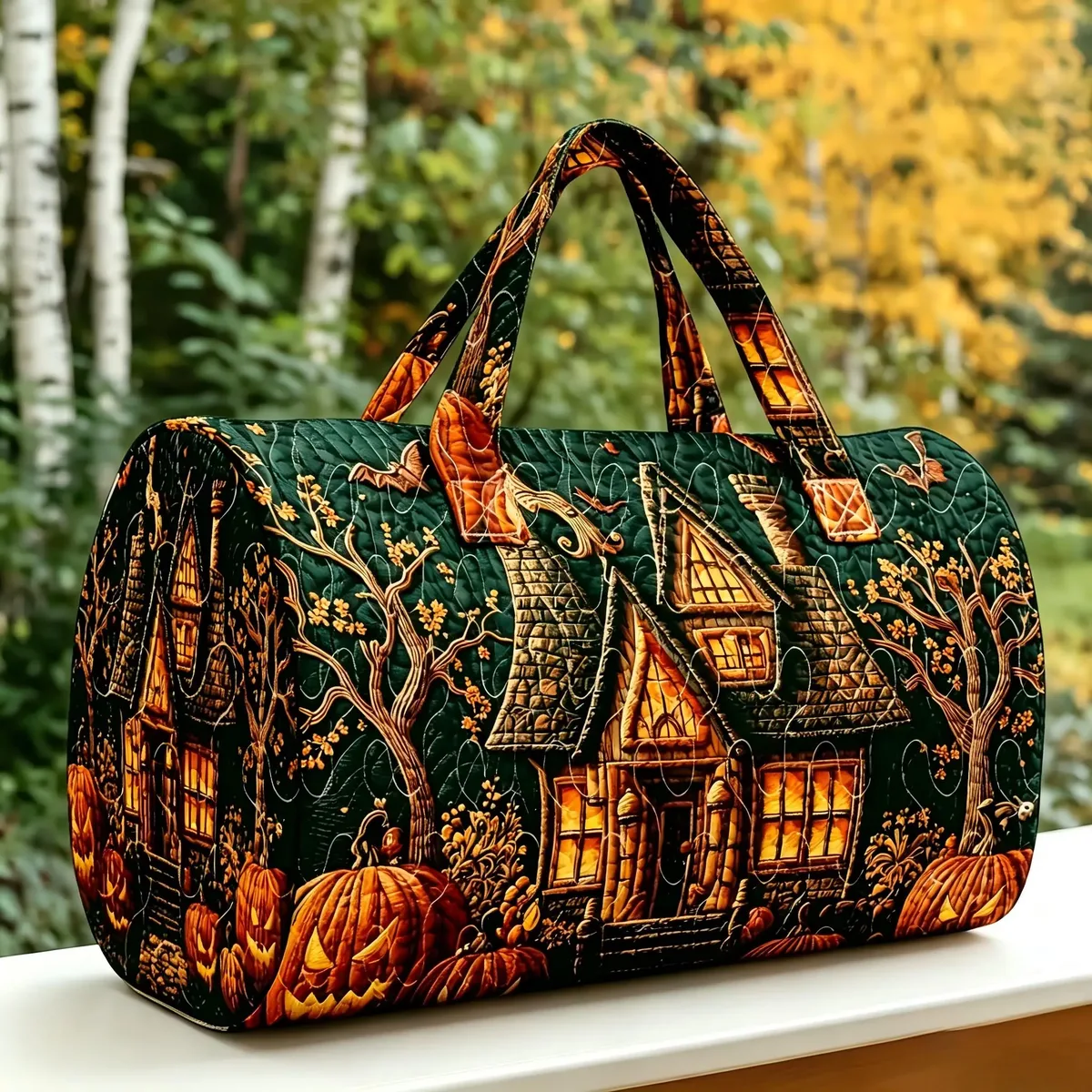 sac de voyage matelassé halloween, motif château fantôme, sac de week-end grande capacité, sac de voyage d'automne, sac de sport, sac de nuit pour femme, sac fourre-tout pour courts séjours.
