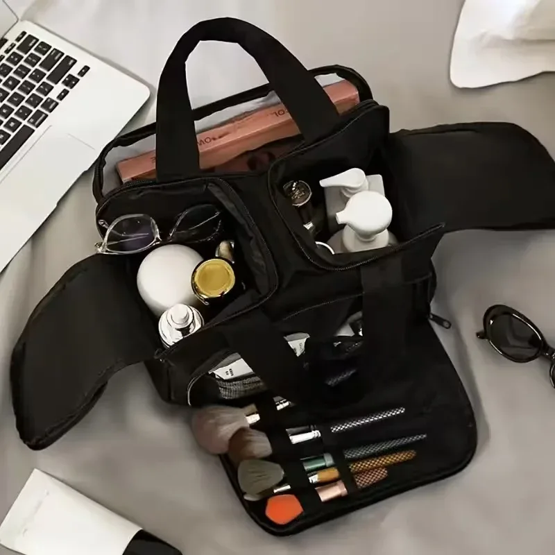 nouvelle trousse de maquillage de voyage verticale, grande capacité multi-zones avec poignée, trousse de toilette portable multi-compartiments pour femme