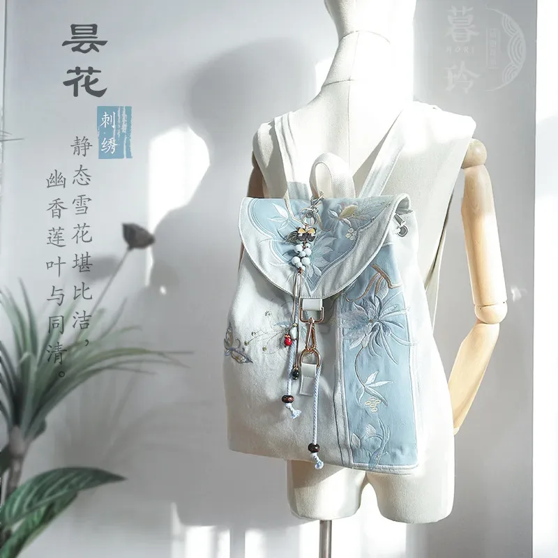 sac à dos en toile muling 15 pouces, style vintage chinois hanfu, brodé, avec cordon de serrage, fermeture éclair antivol, pour ordinateur portable, usage quotidien