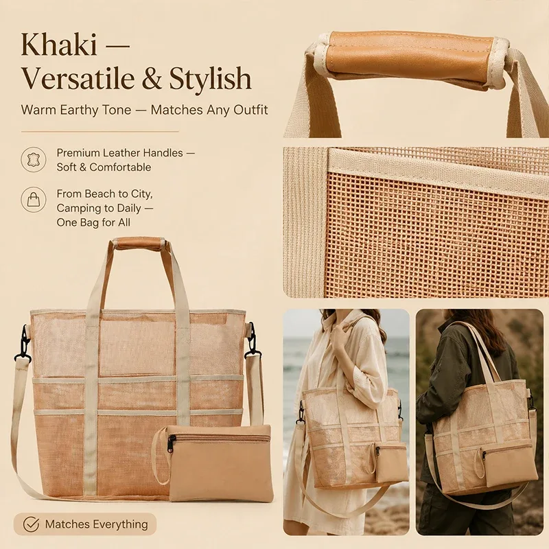 sac de plage en maille portable grande capacité, sac fourre-tout à bandoulière pour vacances d'été, natation et voyage
