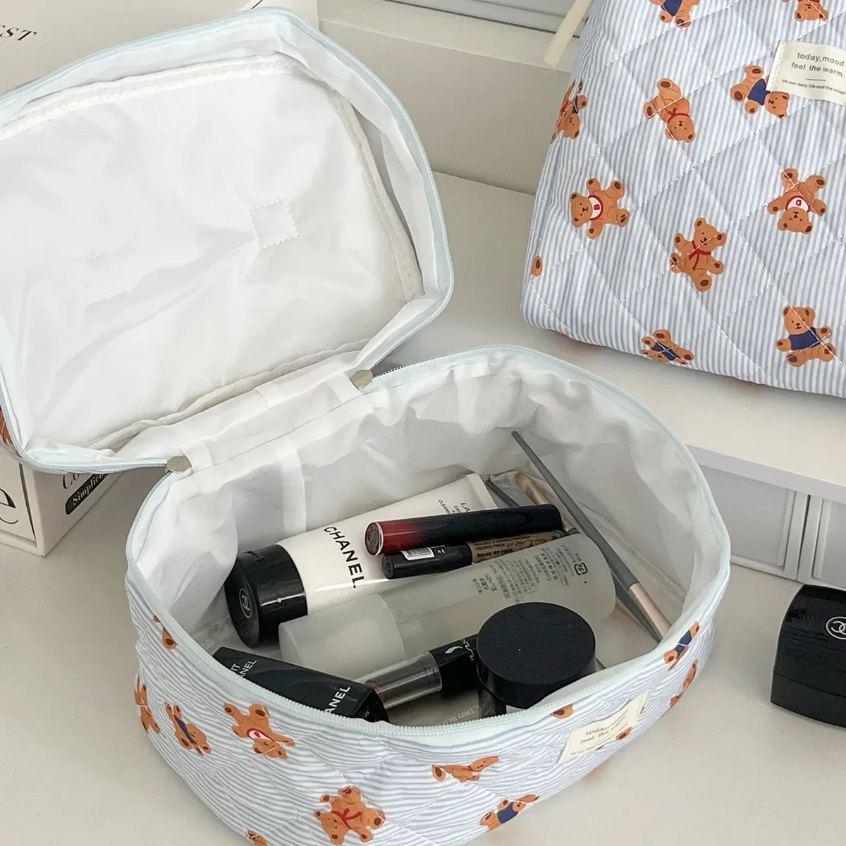 trousse de maquillage ours rayé pour femme, grande capacité, trousse de toilette, trousse de toilette, trousse de toilette, trousse de toilette, trousse de toilette