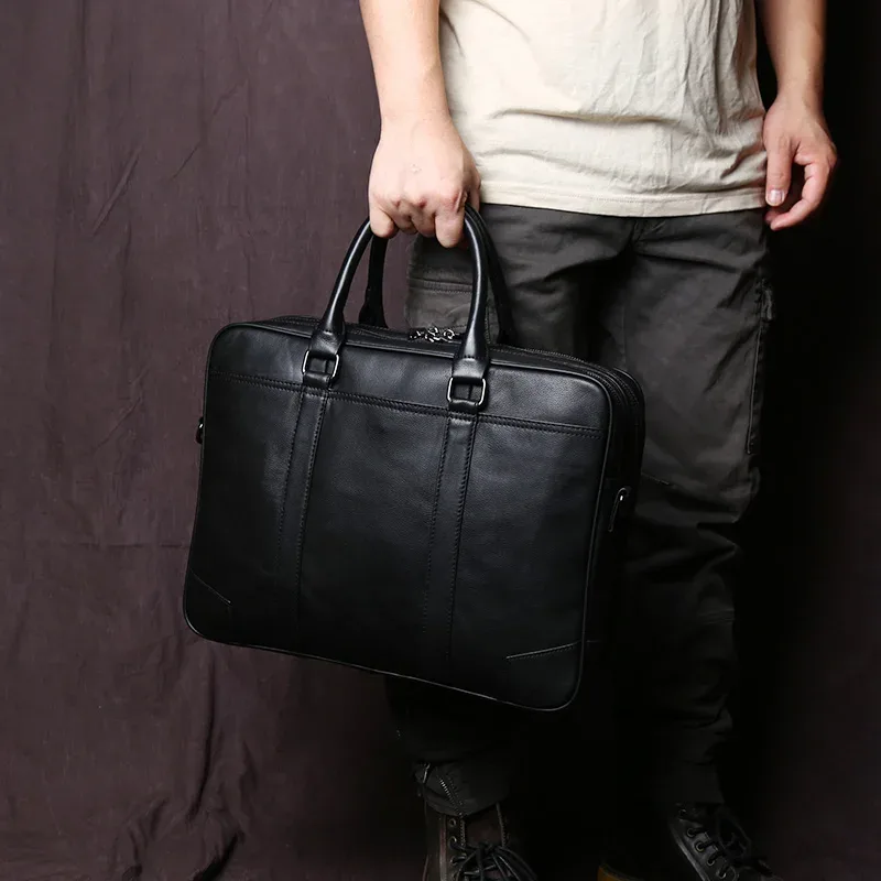 sac à main rétro en cuir véritable pour hommes, mallette messager horizontale de grande capacité, sac d'ordinateur d'affaires en cuir de vache à première couche