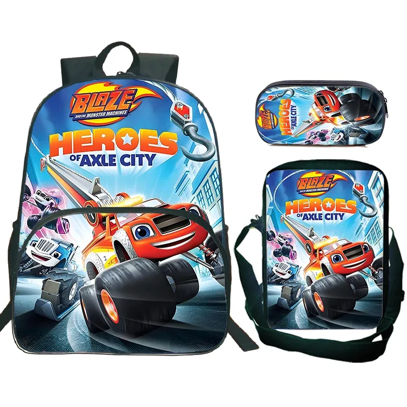 sac à dos blaze and the monster machines, 3 pièces, sac d'école pour enfants avec sacs à bandoulière, trousse à crayons, sac à dos blaze car pour garçons et filles
