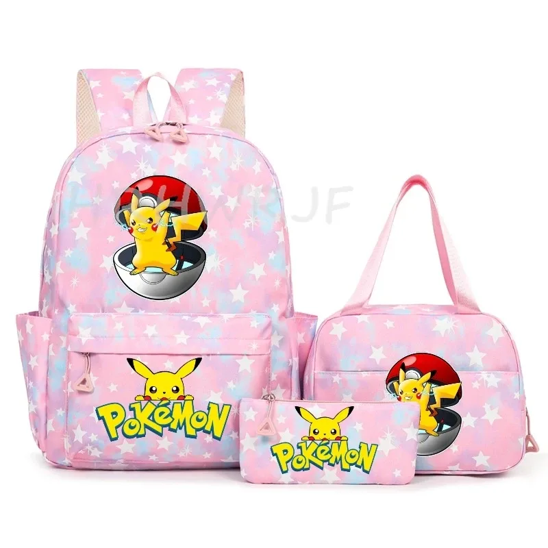 sac à dos pikachu de dessin animé pour femmes, 3 pièces, sacs d'école en nylon pour adolescentes, sac à dos de voyage pour dames, sac à bandoulière