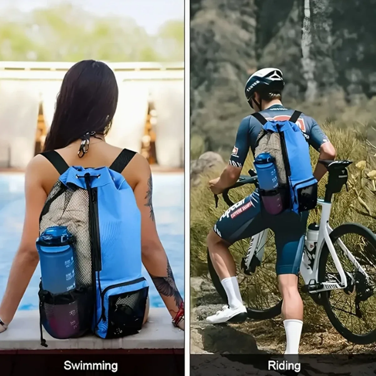 sac à dos de plage extérieur, sac de natation, sac à dos en filet perforé avec cordon de serrage et sac étanche, sac de rangement pour gym, yoga et exercices, 1 ensemble