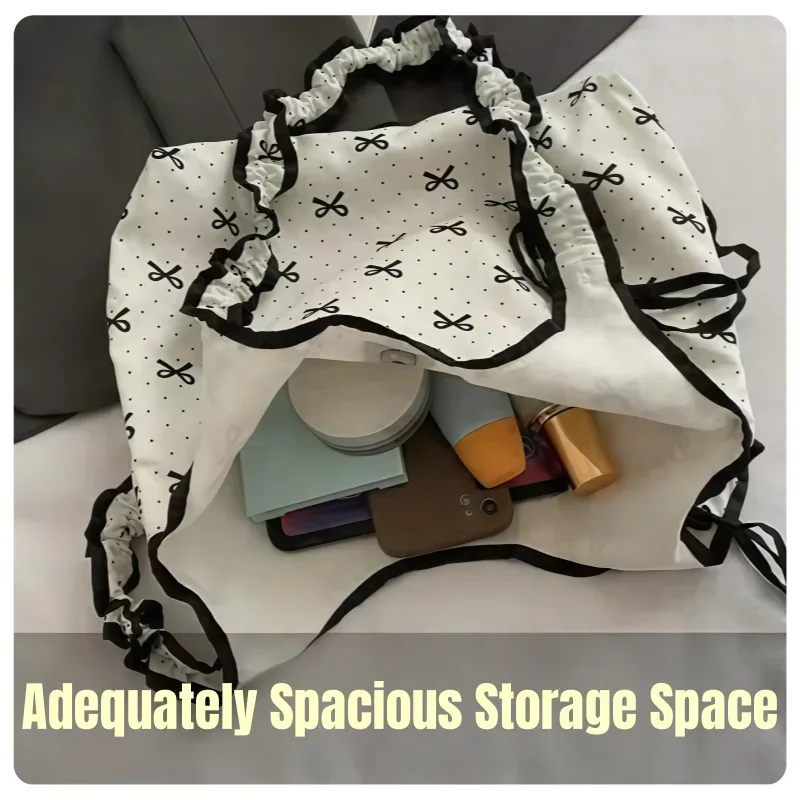 sac fourre-tout à bandoulière léger à main, grande capacité, tendance, motif de points de ruban, matériau en toile, pour étudiants, banlieue