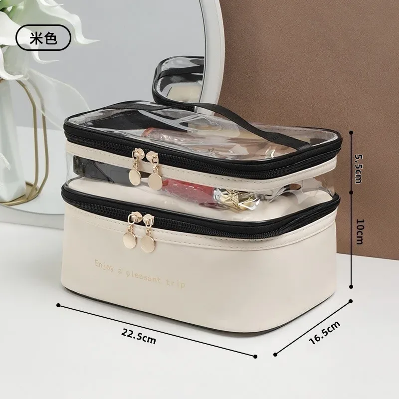 sac à cosmétiques double transparent en pu, sac de lavage portable, sacs de maquillage de grande capacité, trousse de toilette de voyage étanche, sacs de rangement