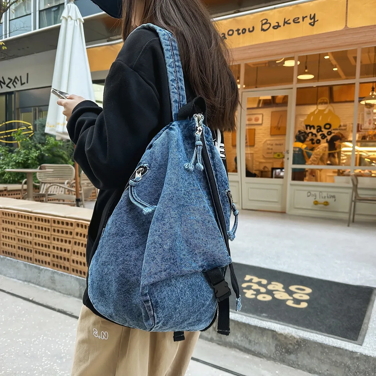 sacs à dos en denim vintage délavé au design irrégulier pour femme, pour les voyages en plein air, décontractés, légers, pour l'école