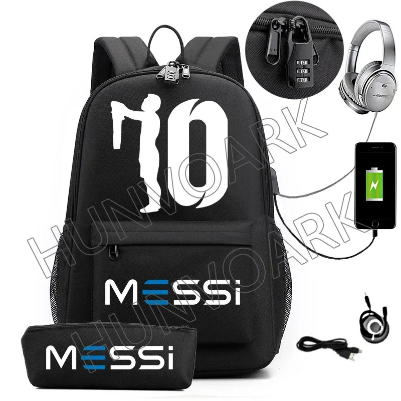 2 pièces messi sac à dos an-ti lock usb femmes hommes capacité adolescents sacs d'école pour ordinateur portable décontracté lycéens mochilas