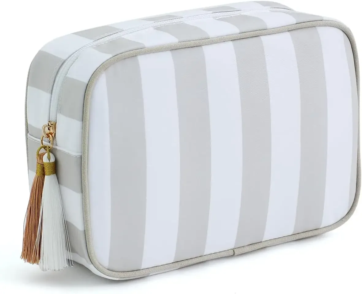 grande trousse de maquillage portable rayée pour femmes, avec fermeture éclair et pompon, grande capacité, sac fourre-tout décontracté avec fermeture éclair
